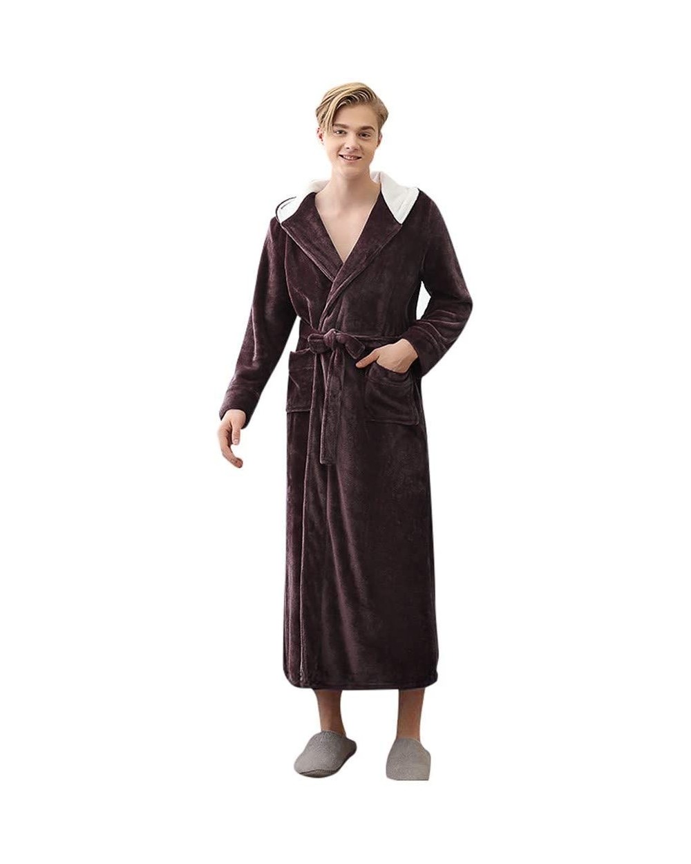 Couple's Flannel Bathrobe Luxurious Soft Plush Elegant Robes Long Front Hooded Full Length Housecoat Sleepwear - Coffee-men -...