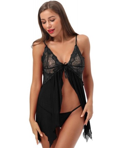 Women's Lace Babydoll V Neck Chemise Front Closure Lingerie Sheer Sleepwear - Black - CK18U9ENCE2 $21.44 Baby Dolls & Chemises