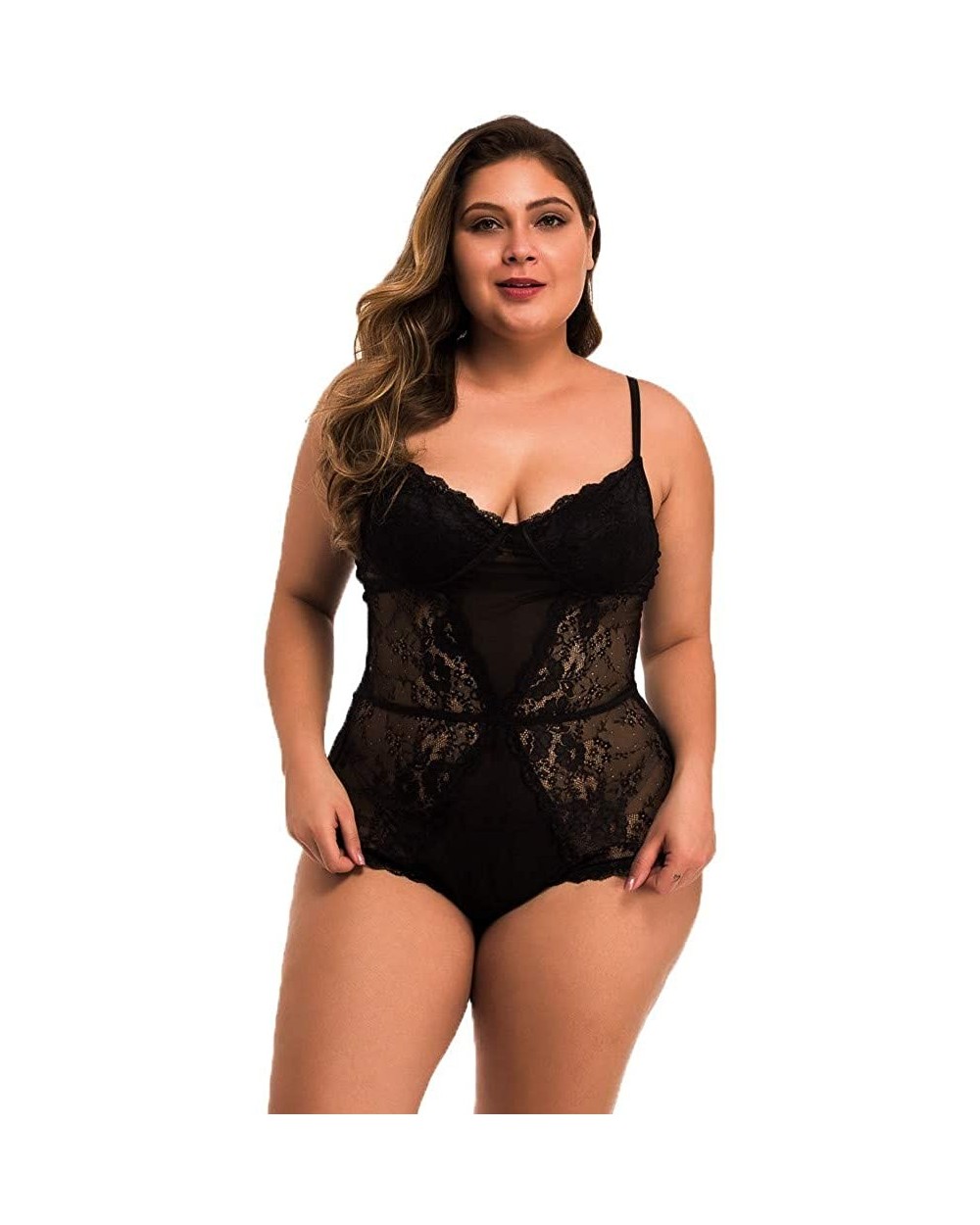 New One Piece Women Plus Size Mesh Lace V-Neck Teddy Lingerie Jumpsuit Underwear - Black - CE18ZQUCHHE $25.43 Bras