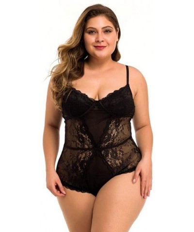 New One Piece Women Plus Size Mesh Lace V-Neck Teddy Lingerie Jumpsuit Underwear - Black - CE18ZQUCHHE $25.43 Bras