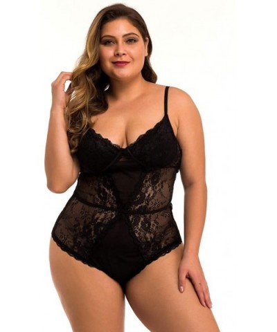 New One Piece Women Plus Size Mesh Lace V-Neck Teddy Lingerie Jumpsuit Underwear - Black - CE18ZQUCHHE $25.43 Bras