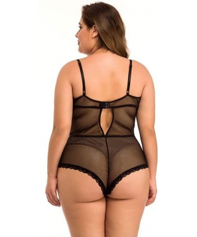 New One Piece Women Plus Size Mesh Lace V-Neck Teddy Lingerie Jumpsuit Underwear - Black - CE18ZQUCHHE $25.43 Bras