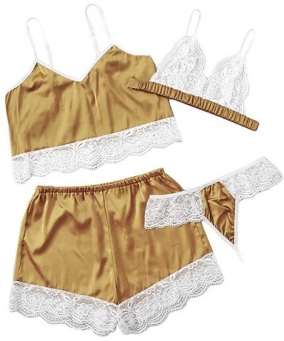 4PC New Women Lace Stain Lingerie Camisole Wireless Bra Shorts Thong Pajamas Set - Yellow - CZ194IYYE4K $24.02 Bras