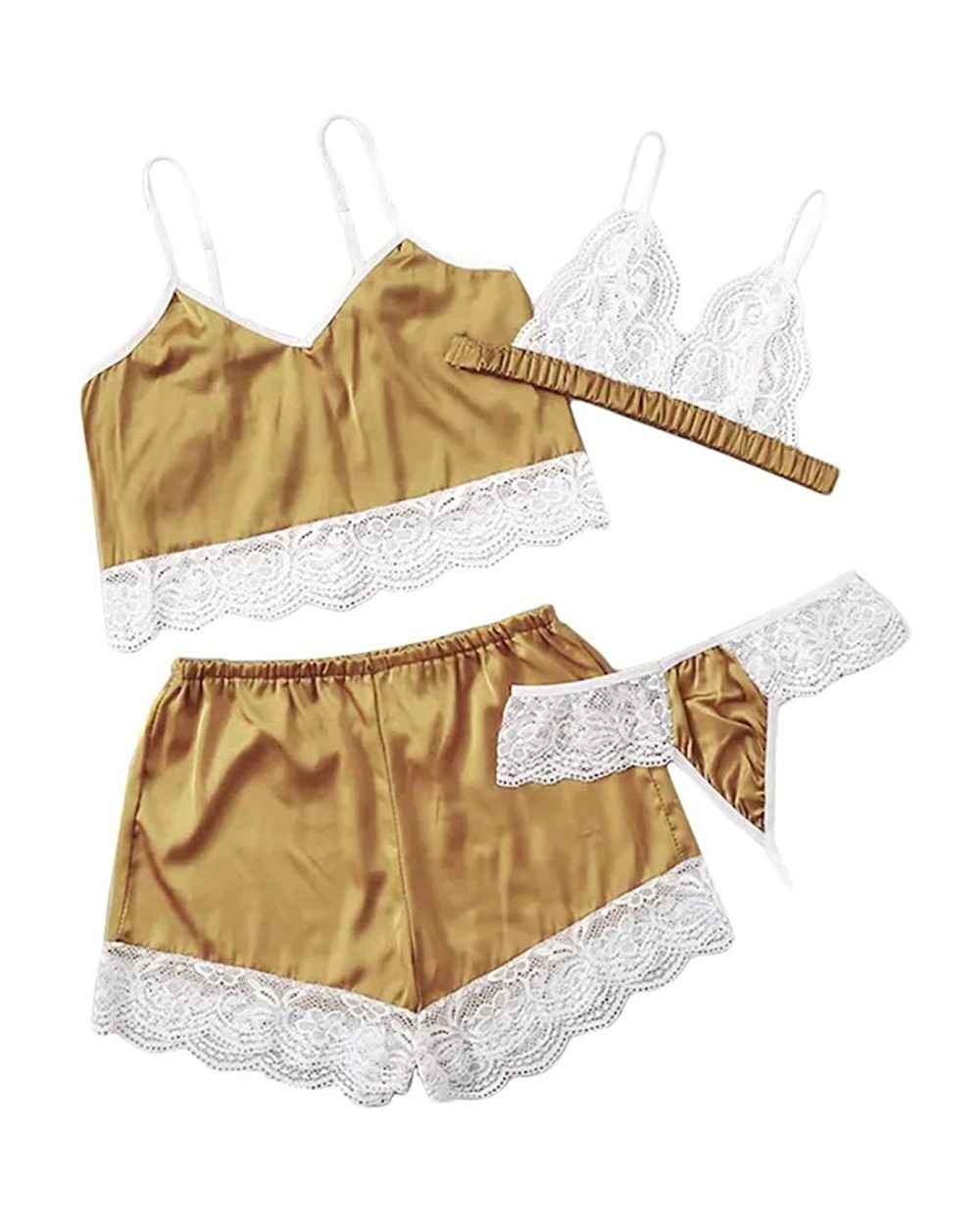 4PC New Women Lace Stain Lingerie Camisole Wireless Bra Shorts Thong Pajamas Set - Yellow - CZ194IYYE4K $24.02 Bras