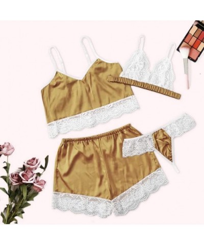 4PC New Women Lace Stain Lingerie Camisole Wireless Bra Shorts Thong Pajamas Set - Yellow - CZ194IYYE4K $24.02 Bras