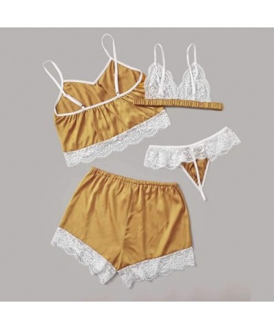 4PC New Women Lace Stain Lingerie Camisole Wireless Bra Shorts Thong Pajamas Set - Yellow - CZ194IYYE4K $24.02 Bras