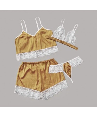 4PC New Women Lace Stain Lingerie Camisole Wireless Bra Shorts Thong Pajamas Set - Yellow - CZ194IYYE4K $24.02 Bras