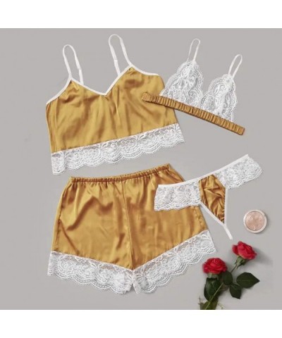 4PC New Women Lace Stain Lingerie Camisole Wireless Bra Shorts Thong Pajamas Set - Yellow - CZ194IYYE4K $24.02 Bras