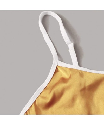 4PC New Women Lace Stain Lingerie Camisole Wireless Bra Shorts Thong Pajamas Set - Yellow - CZ194IYYE4K $24.02 Bras