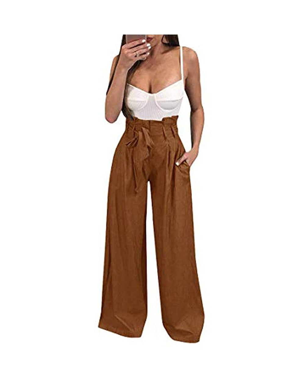 Women Paper Bag Waist Pants Fashion High Waist Solid Color Bandage Trouser Casual Pants with Pockets - Coffee - CD194N6AAOO $...