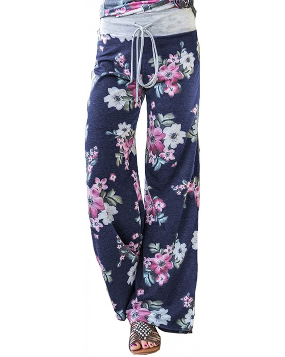 Women's Casual Pajama Pants Floral Print Drawstring Wide Leg Palazzo Lounge Pants - Blue4 - C818HICETM4 $23.34 Bottoms