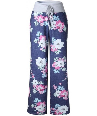 Women's Casual Pajama Pants Floral Print Drawstring Wide Leg Palazzo Lounge Pants - Blue4 - C818HICETM4 $23.34 Bottoms