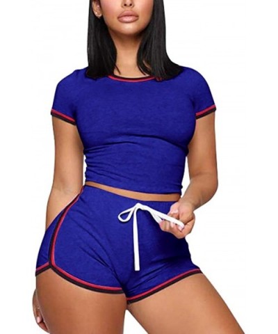 Two Piece Outfits for Women - Cute Tie Dye Short Sleeve Crop Tops + Skinny Shorts Set Tracksuit Stripe Royal Blue - C9190LDL3...