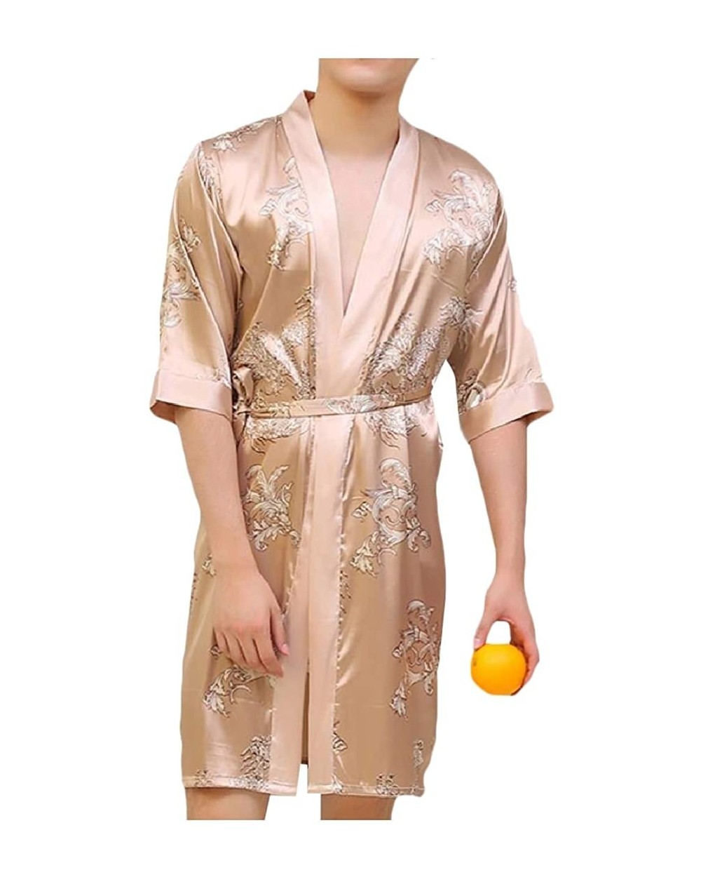 Men's Classic Floral Soft Comfort Casual Charmeuse Belted Thin Wrap Robe - Champagne - CB18ARRGCRR $41.84 Robes