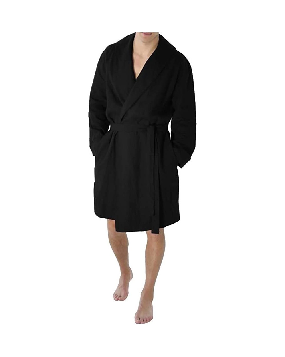 Men's Casual Sleepwear Robe Pure Color Cotton Linen Long Bathrobe Home Nightgown Pajamas Robe - Black - CQ18TIEA3WR $38.18 Robes