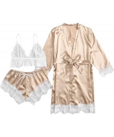 Women's Sleepwear Floral Lace Trim Satin Cami Pajama Set with Robe - Gold - CD18Z3Y55GE $35.70 Sets