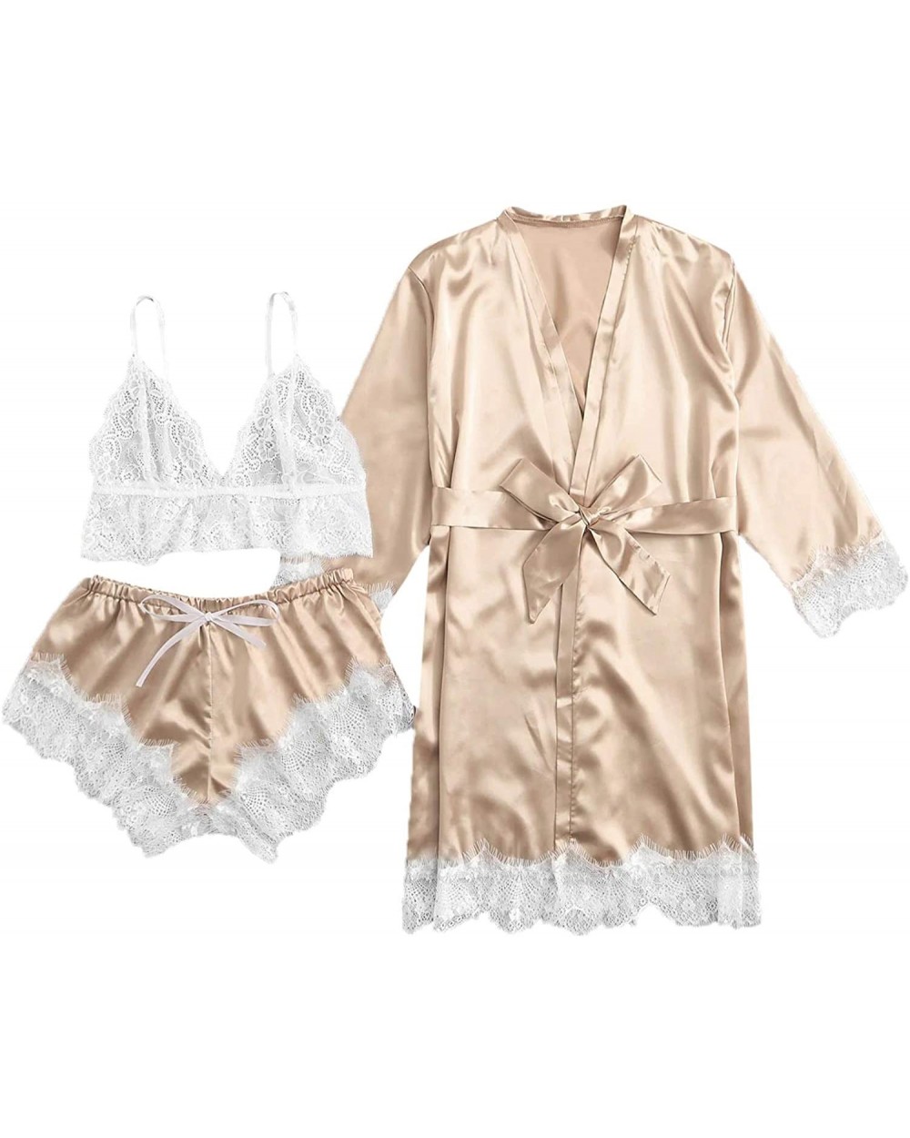 Women's Sleepwear Floral Lace Trim Satin Cami Pajama Set with Robe - Gold - CD18Z3Y55GE $35.70 Sets