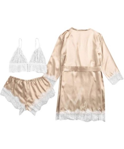 Women's Sleepwear Floral Lace Trim Satin Cami Pajama Set with Robe - Gold - CD18Z3Y55GE $35.70 Sets