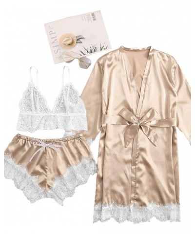 Women's Sleepwear Floral Lace Trim Satin Cami Pajama Set with Robe - Gold - CD18Z3Y55GE $35.70 Sets