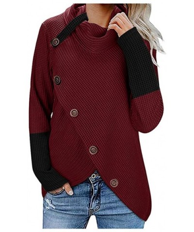 Womens Cowl Neck Knit Sweater Button Up Pullover Tunic Asymmetrical Fall Sweatshirt Top - Contrast - Wine - C518AOX9SQU $33.7...