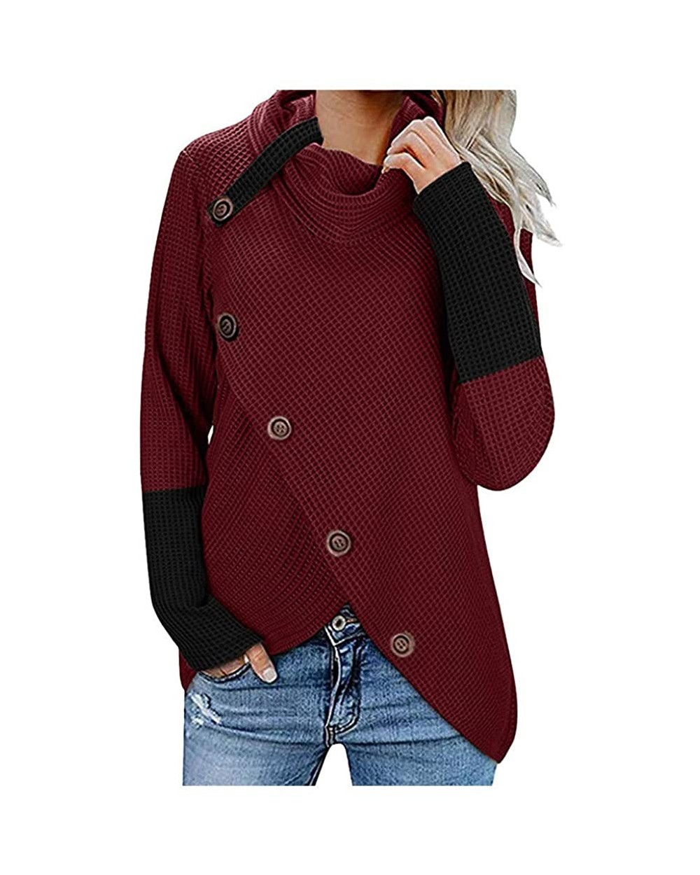 Womens Cowl Neck Knit Sweater Button Up Pullover Tunic Asymmetrical Fall Sweatshirt Top - Contrast - Wine - C518AOX9SQU $33.7...