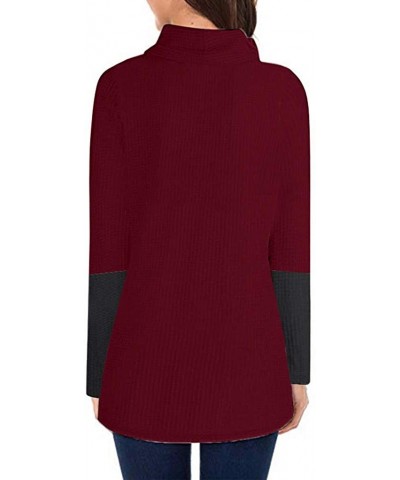 Womens Cowl Neck Knit Sweater Button Up Pullover Tunic Asymmetrical Fall Sweatshirt Top - Contrast - Wine - C518AOX9SQU $33.7...