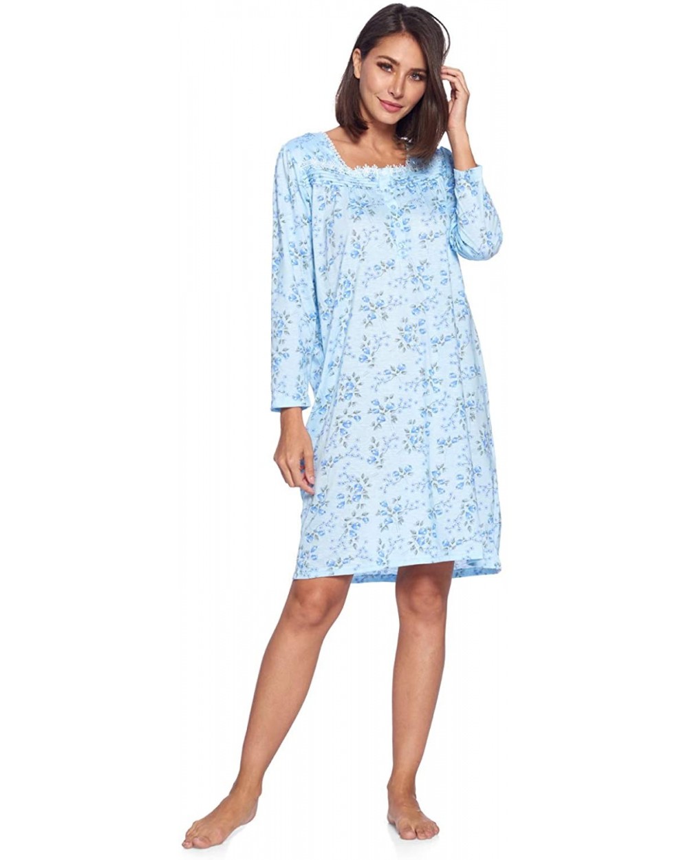 Women's Cotton Blend Long Sleeve Nightgown - Blue Floral - CK192GKDE2Y $37.73 Nightgowns & Sleepshirts