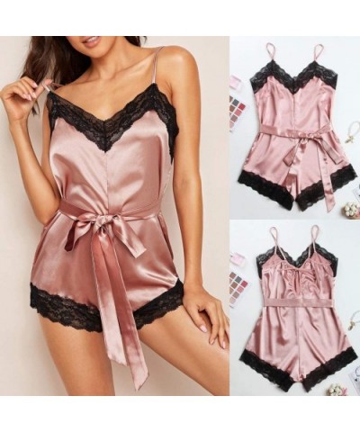 Women Sleeveless Floral Lace Satin Belted Romper Sexy Short Bodysuit Jumpsuit - Pink - C018WYNGINI $32.37 Slips