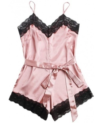 Women Sleeveless Floral Lace Satin Belted Romper Sexy Short Bodysuit Jumpsuit - Pink - C018WYNGINI $32.37 Slips