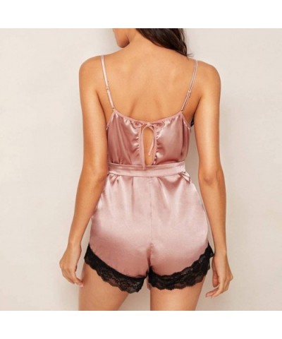 Women Sleeveless Floral Lace Satin Belted Romper Sexy Short Bodysuit Jumpsuit - Pink - C018WYNGINI $32.37 Slips