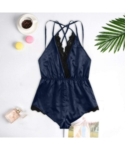 Bodysuit Lace Panel Stain Mini Teddy Lingerie One Piece Backless Babydoll Mini Bodysuit - Navy - CY19C76S4L2 $19.21 Baby Doll...