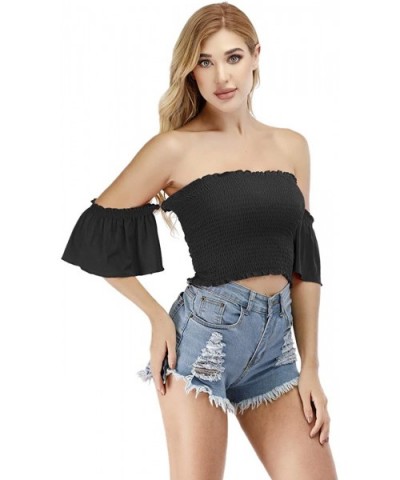 Women's Strapless Pleated Summer Sexy Bandeau Tube Crop Tops - Black-b - C918L7SKL9L $21.22 Camisoles & Tanks