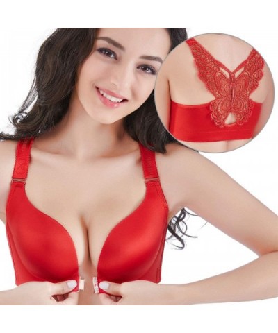 Wireless Bras for Women Front Opening Embroidered Lace Bra Push Up Padded Bra - Butterfly/Red - CU18NILTA5U $35.56 Bras