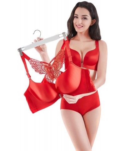 Wireless Bras for Women Front Opening Embroidered Lace Bra Push Up Padded Bra - Butterfly/Red - CU18NILTA5U $35.56 Bras