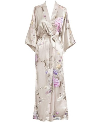 Women's Satin Kimono Robe Long - Floral - Chrysanthemum & Crane - Willow - CU18ZYTD34N $60.58 Robes