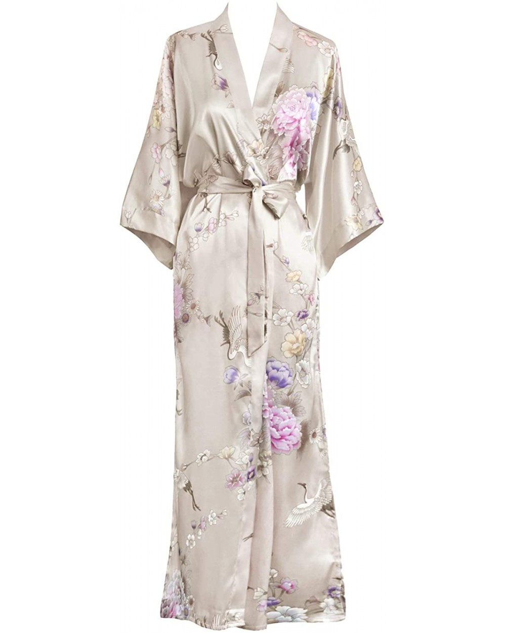 Women's Satin Kimono Robe Long - Floral - Chrysanthemum & Crane - Willow - CU18ZYTD34N $60.58 Robes