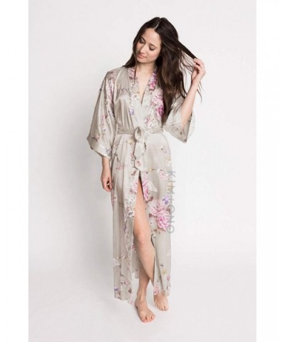 Women's Satin Kimono Robe Long - Floral - Chrysanthemum & Crane - Willow - CU18ZYTD34N $60.58 Robes