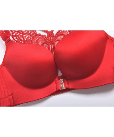 Wireless Bras for Women Front Opening Embroidered Lace Bra Push Up Padded Bra - Butterfly/Red - CU18NILTA5U $35.56 Bras