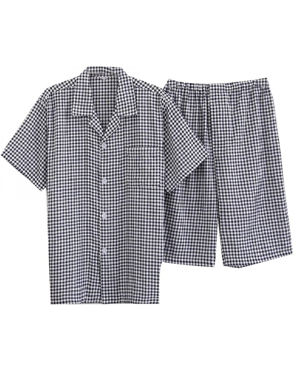 Men Short Sleve Comfort Striped Lounger Pajama Plaid Sleepwear Set - Navy Blue - CF18TKLCGWM $59.44 Sleep Sets