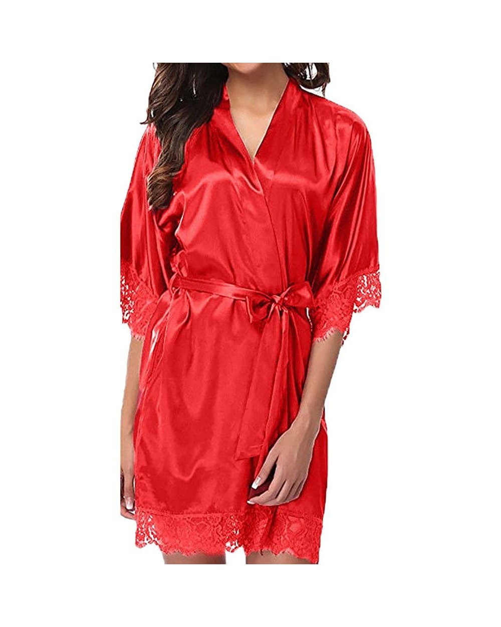 Women Short Silk Kimono Robe Lace Trim Satin Sleepwear Bridesmaids with Briefs - Red 2 - CC18WL2M3KU $18.19 Robes