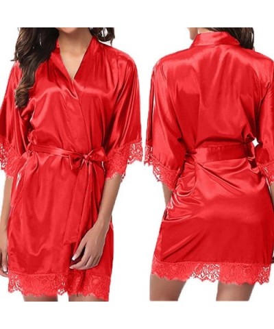 Women Short Silk Kimono Robe Lace Trim Satin Sleepwear Bridesmaids with Briefs - Red 2 - CC18WL2M3KU $18.19 Robes