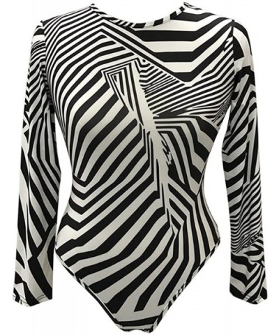 Womens Print Long Sleeve High Neck Stretchy Bodysuit Jumpsuits Rompers - Black and White - CU12O1CFS20 $30.14 Shapewear