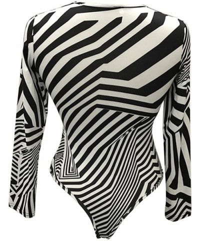 Womens Print Long Sleeve High Neck Stretchy Bodysuit Jumpsuits Rompers - Black and White - CU12O1CFS20 $30.14 Shapewear