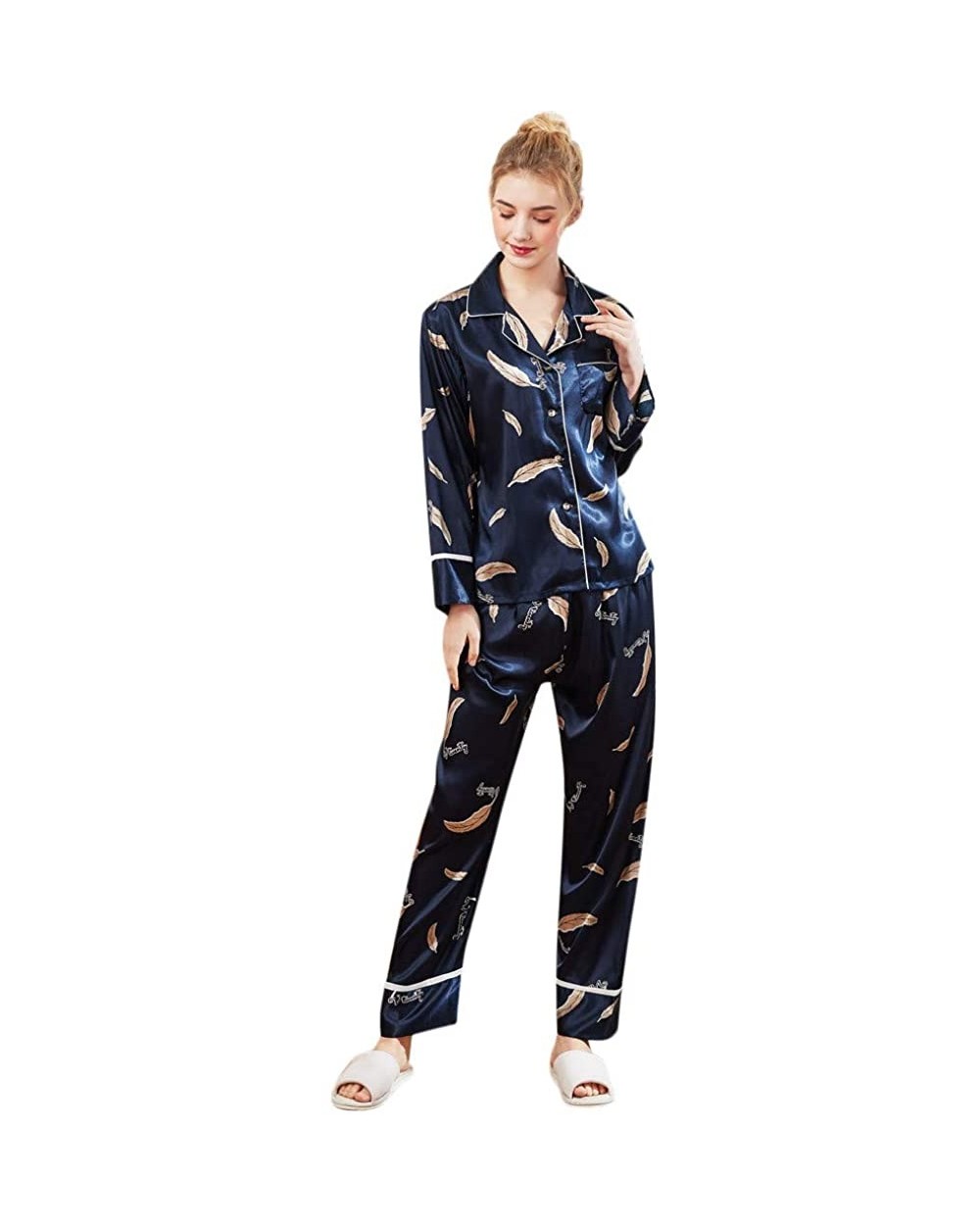 Women's Pajamas Set Floral Print Long Sleeve Loungewear Two-Piece Sleepwear Button-Down Pj Set Nightwear - Navy 2 - C618AWQ6S...