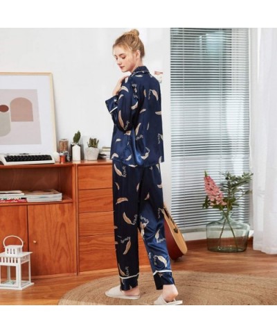 Women's Pajamas Set Floral Print Long Sleeve Loungewear Two-Piece Sleepwear Button-Down Pj Set Nightwear - Navy 2 - C618AWQ6S...