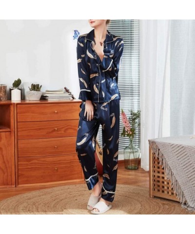 Women's Pajamas Set Floral Print Long Sleeve Loungewear Two-Piece Sleepwear Button-Down Pj Set Nightwear - Navy 2 - C618AWQ6S...