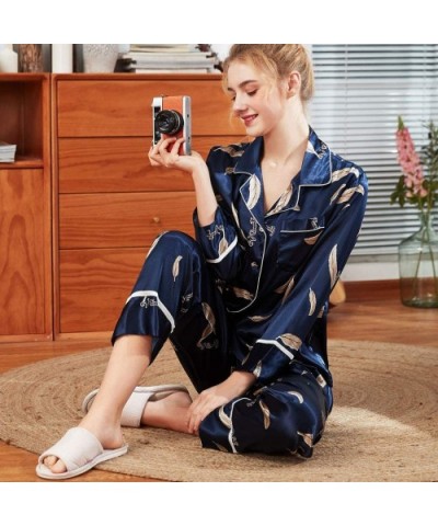 Women's Pajamas Set Floral Print Long Sleeve Loungewear Two-Piece Sleepwear Button-Down Pj Set Nightwear - Navy 2 - C618AWQ6S...