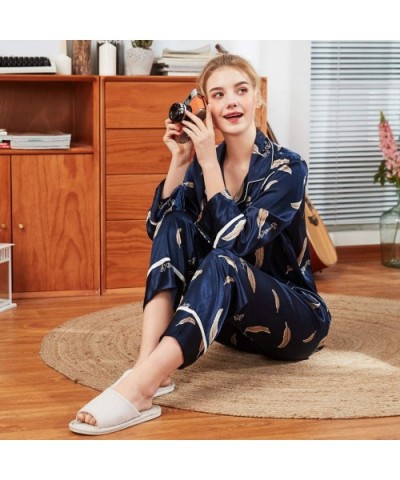 Women's Pajamas Set Floral Print Long Sleeve Loungewear Two-Piece Sleepwear Button-Down Pj Set Nightwear - Navy 2 - C618AWQ6S...