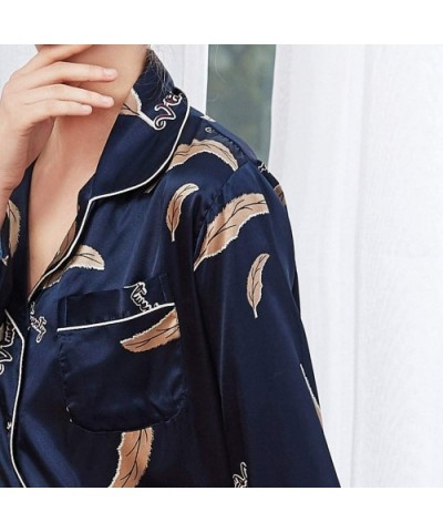 Women's Pajamas Set Floral Print Long Sleeve Loungewear Two-Piece Sleepwear Button-Down Pj Set Nightwear - Navy 2 - C618AWQ6S...