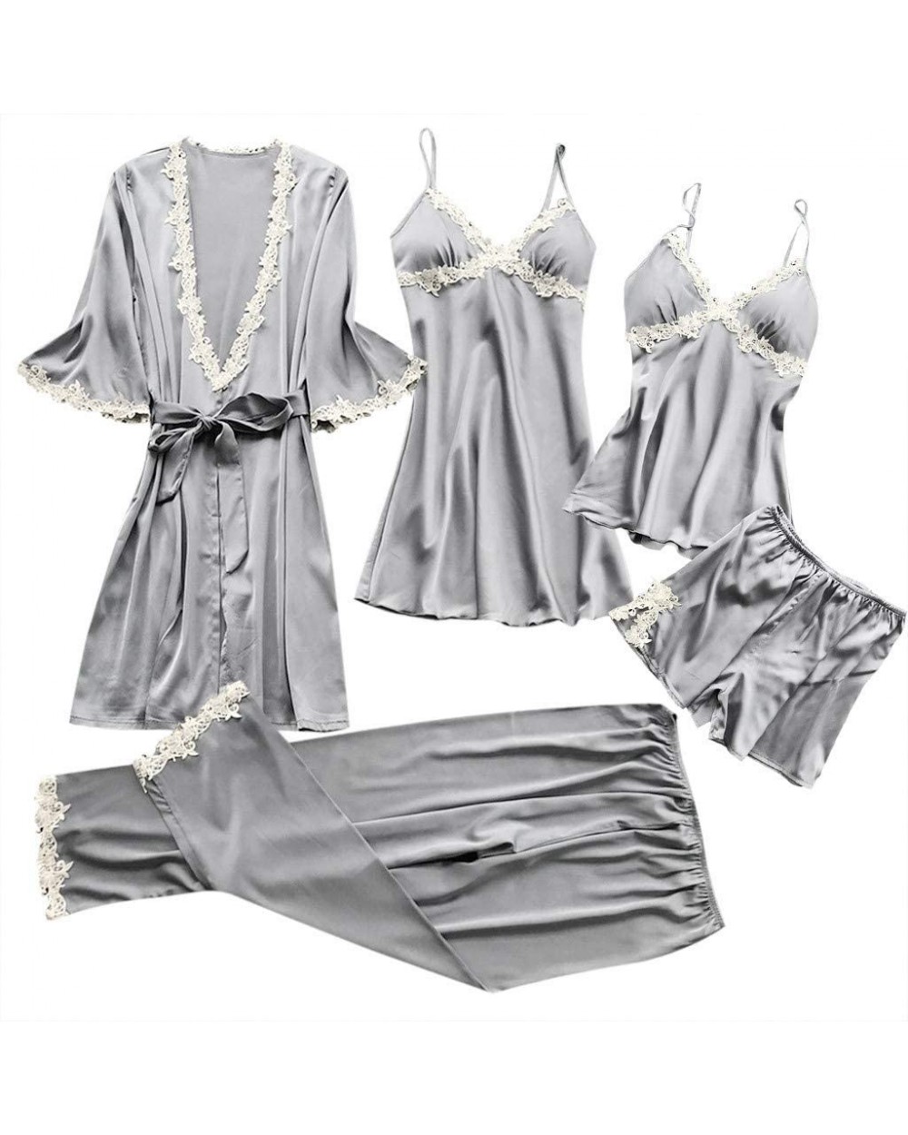 Women Sexy Sleepwear Dress Lace Lingerie Nightwear Underwear Babydoll 5PC Suit - Gray - CZ18OL4QU0Q $43.95 Baby Dolls & Chemises